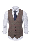 Men's Single Breasted V-Neck Coffee Plaid Vest