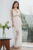 A-Line Spaghetti Straps Hollow Out White Graduation Dress With Lace