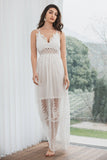 A-Line Spaghetti Straps Hollow Out White Graduation Dress With Lace