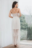 A-Line Spaghetti Straps Hollow Out White Graduation Dress With Lace