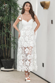 Classy White Boho Flower Sheath Spaghetti Straps Long Graduation Dress with Lace