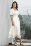 White A Line Square Neck Pleated Graduation Dress with Puff Sleeves