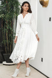 A Line Long Sleeves Boho White Graduation Dress with Lace