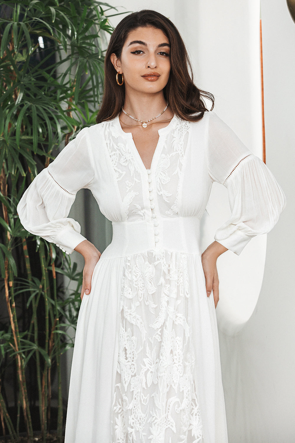 Wedtrend Women Elegant White Graduation Dress with Lace A Line Long Sleeves Boho Maxi Dress WEDTREND Wedtrend Women Elegant White Graduation Dress with Lace A Line Long Sleeves Boho Maxi Dress WEDTREND