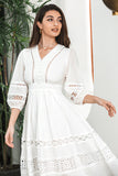 Elegant A Line V Neck 3/4 Sleeves Boho White Graduation Dress with Lace