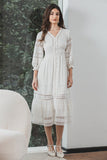A Line Tea-Length Lace Little White Dress with Long Sleeves