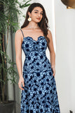 Blue Black A Line Spaghetti Straps Floral Maxi Boho Party Dress