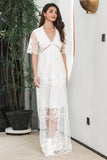 A Line  V Neck Boho Maxi White Convocation Dress With Short Sleeves