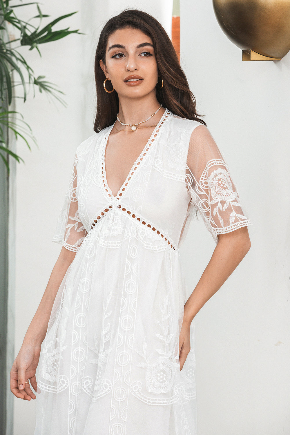 Wedtrend Women Elegant White Graduation Dress A Line V Neck Boho Casual Dress With Short Sleeves WEDTREND Wedtrend Women Elegant White Graduation Dress A Line V Neck Boho Casual Dress With Short Sleeves WEDTREND
