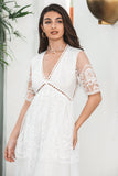 Elegant A Line  V Neck Boho White Graduation Dress With Short Sleeves