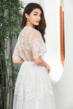 Elegant A Line  V Neck Boho White Graduation Dress With Short Sleeves