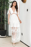 Elegant A Line V Neck Batwing Sleeves White Graduation Dress with Lace