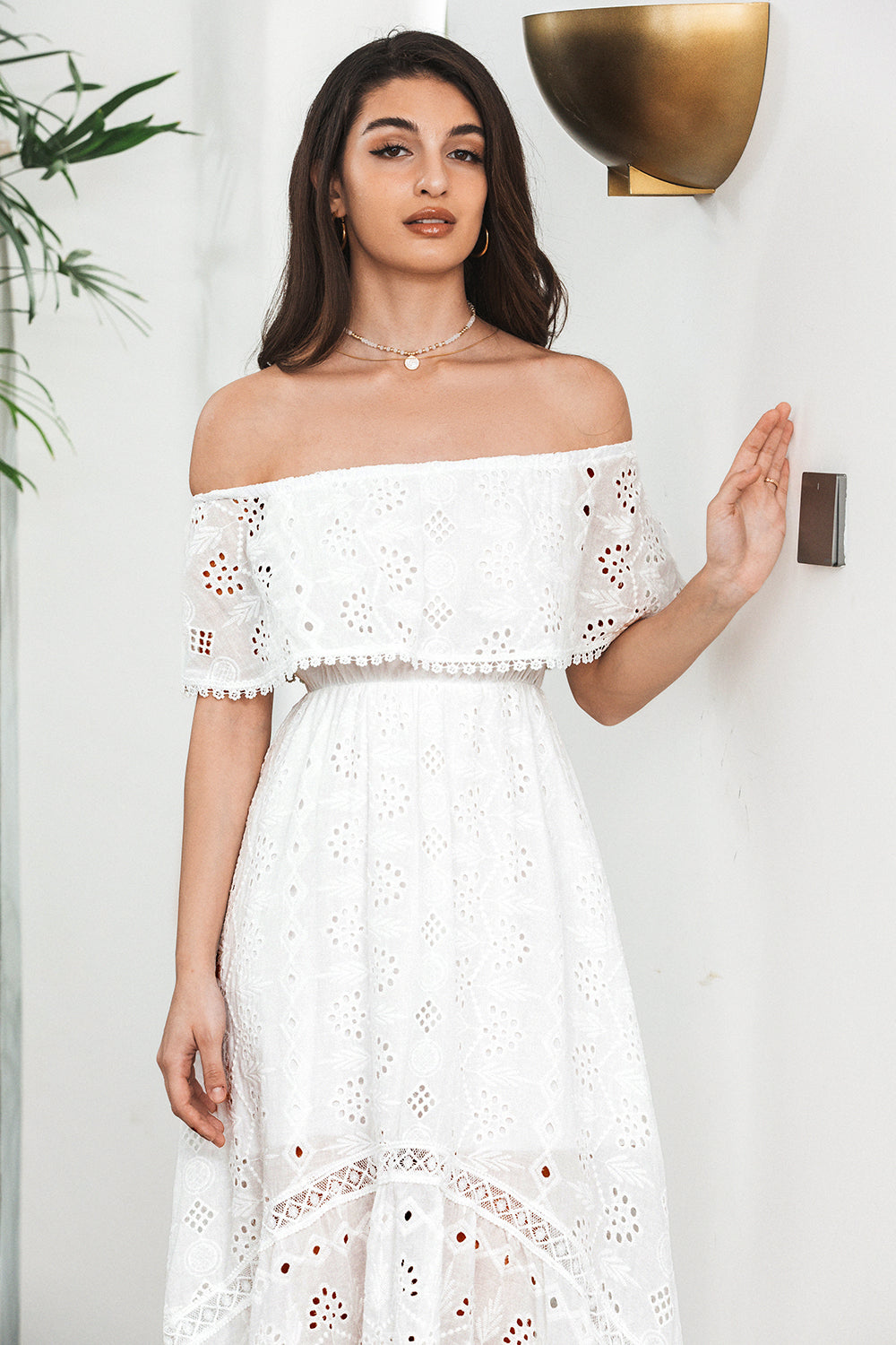 Wedtrend Women Elegant White Graduation Dress A Line Off The Shoulder High Low Hollow Boho Midi Dress WEDTREND Wedtrend Women Elegant White Graduation Dress A Line Off The Shoulder High Low Hollow Boho Midi Dress WEDTREND