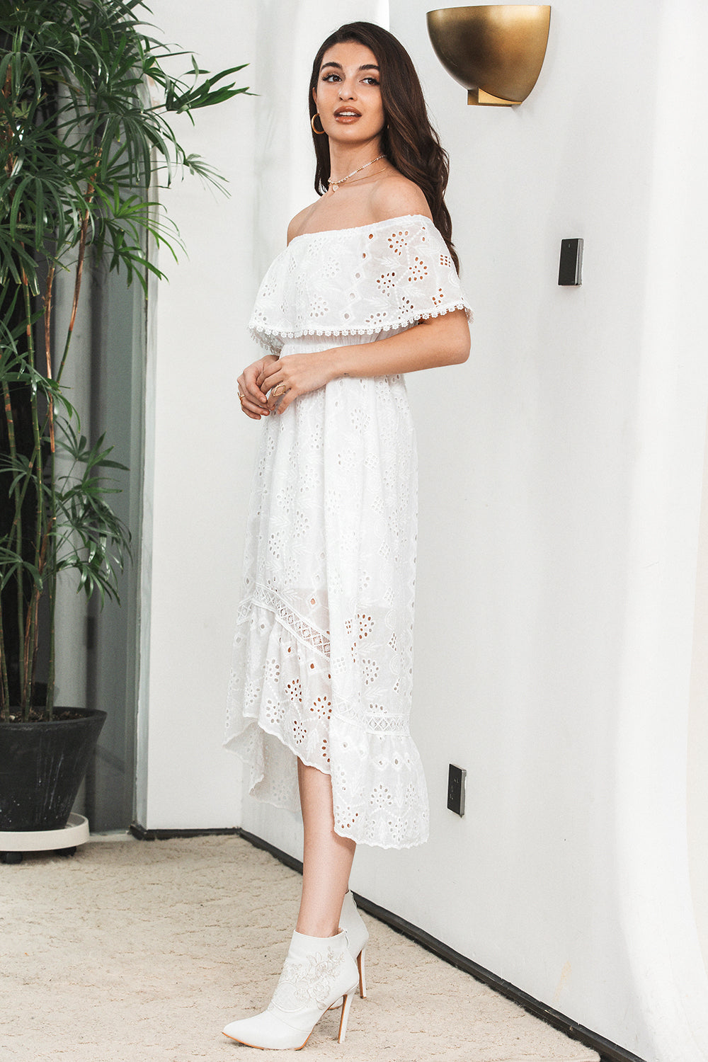 Wedtrend Women Elegant White Graduation Dress A Line Off The Shoulder High Low Hollow Boho Midi Dress WEDTREND Wedtrend Women Elegant White Graduation Dress A Line Off The Shoulder High Low Hollow Boho Midi Dress WEDTREND