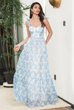 Blue Floral A Line Spaghetti Straps Boho Maxi Summer Dress