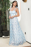 Blue Floral A Line Spaghetti Straps Boho Maxi Summer Dress