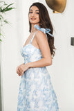 Blue Floral A Line Spaghetti Straps Boho Maxi Summer Dress