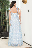 Blue Floral A Line Spaghetti Straps Boho Maxi Summer Dress