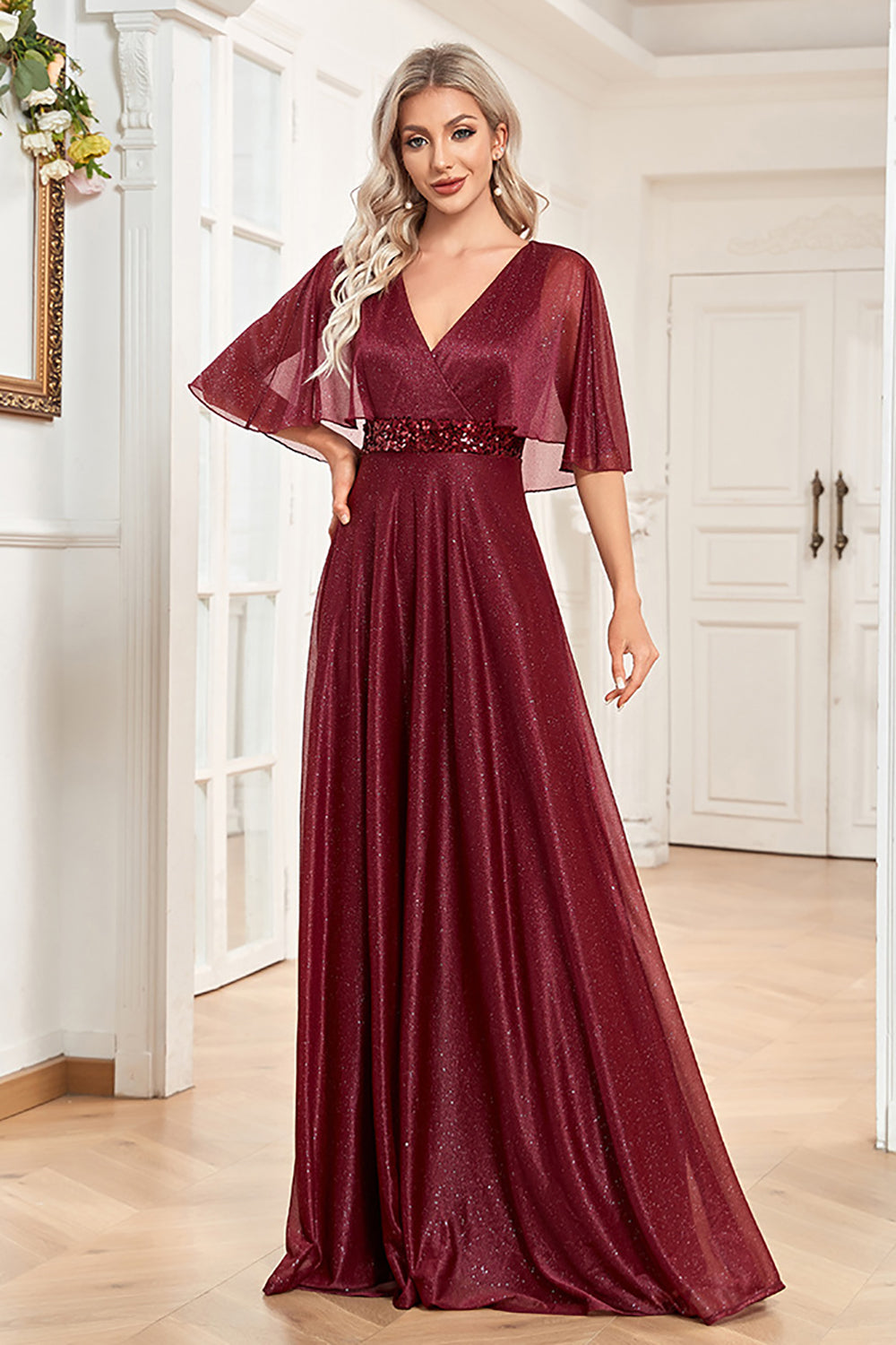 Burgundy A Line V Neck Shiny Chiffon Long Dress For Mom With Batwing Sleeves
