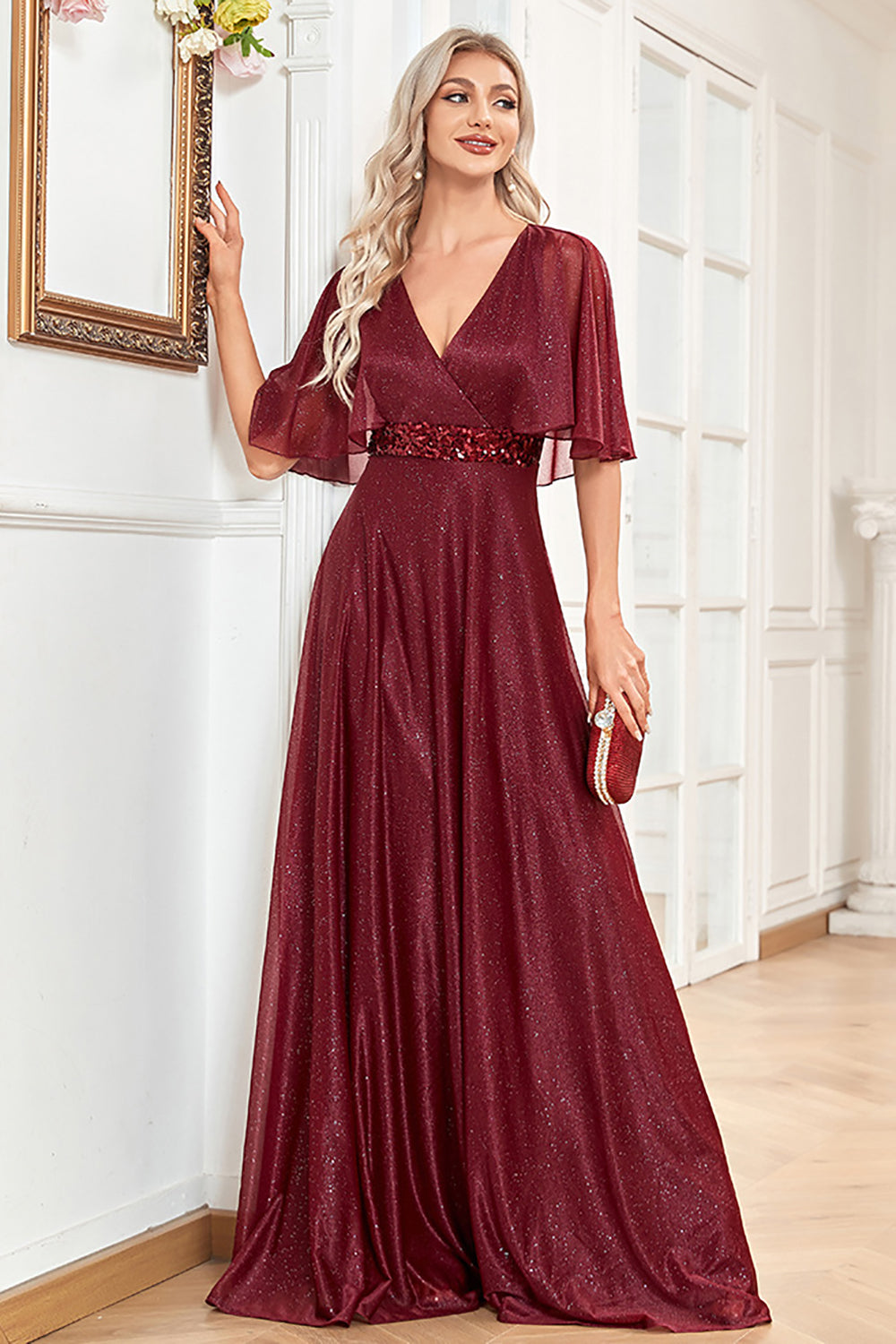 Burgundy A Line V Neck Shiny Chiffon Long Dress For Mom With Batwing Sleeves