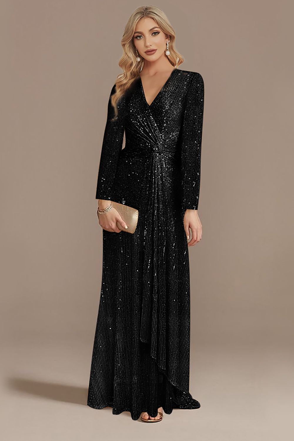 WEDTREND Women Sparkly Navy Mother Of Bride Dress with Long Sleeves Sequins A-Line V-Neck Formal Dress, Black / US18W