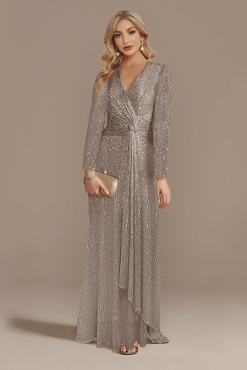 WEDTREND Women Sparkly Navy Mother Of Bride Dress with Long Sleeves Sequins A-Line V-Neck Formal Dress, Grey / US12