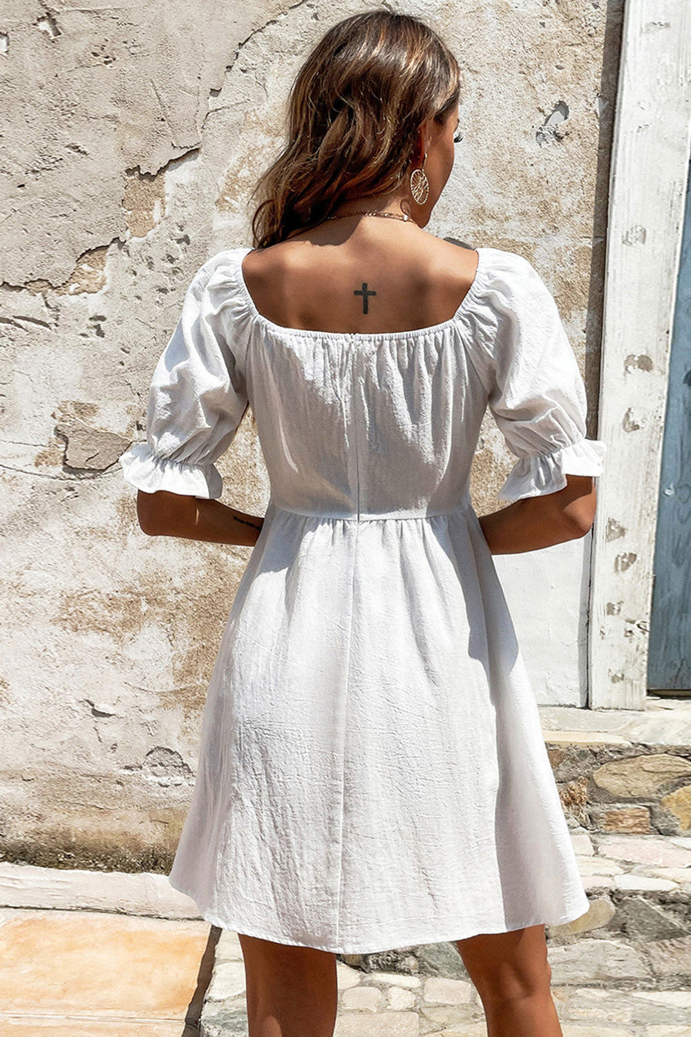 Wedtrend Women White Graduation Dress Square Neck Mini Summer Dress With Short Sleeves WEDTREND Wedtrend Women White Graduation Dress Square Neck Mini Summer Dress With Short Sleeves WEDTREND