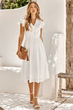 White V Neck Midi Summer Dress With Short Sleeves