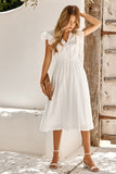 Classy White V Neck Midi Short Graduation Dress With Short Sleeves