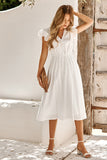 White V Neck Midi Summer Dress With Short Sleeves