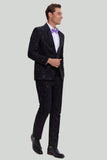 Black 2 Piece Jacquard Shawl Lapel One Button Fit Men's Wedding Suit Set