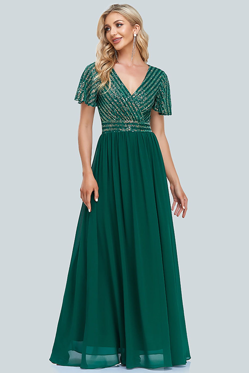 Women's Green Plus Size A Line V Neck Evening Dress Sequined Chiffon Swing Dress