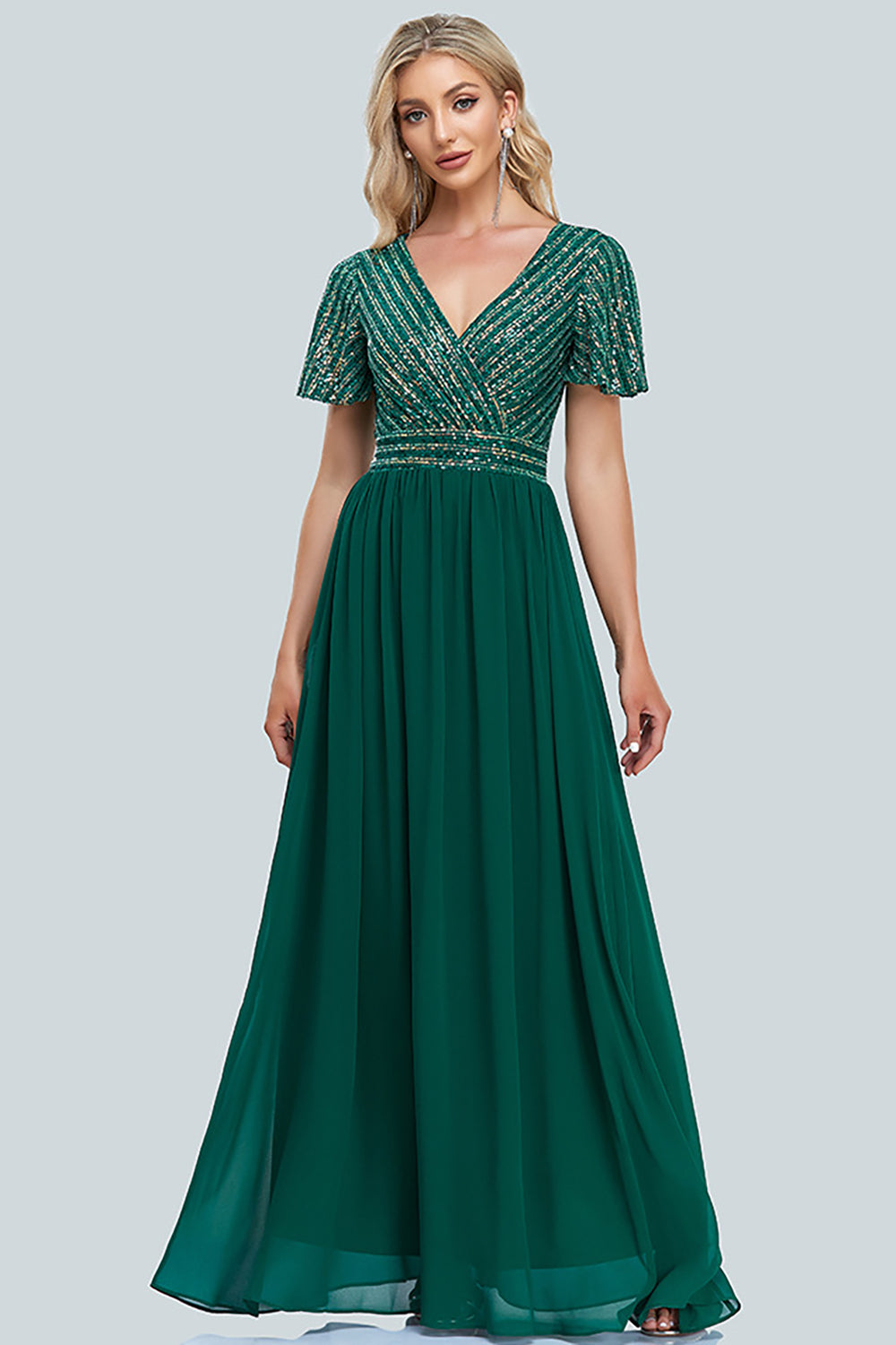 Women's Green Plus Size A Line V Neck Evening Dress Sequined Chiffon Swing Dress