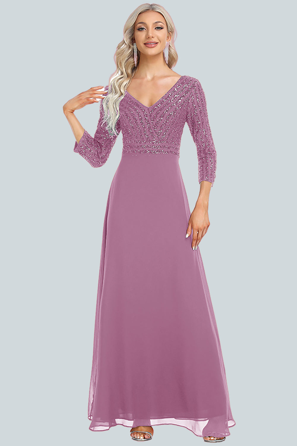 Women's Chiffon Double V-neck A-line Sequin Splicing Evening Dress