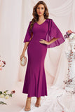 Purple Mermaid V Neck Chiffon Floor Length Dress with Wrap Sleeves