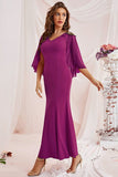 Purple Mermaid V Neck Chiffon Floor Length Dress with Wrap Sleeves