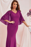 Purple Mermaid V Neck Chiffon Floor Length Dress with Wrap Sleeves