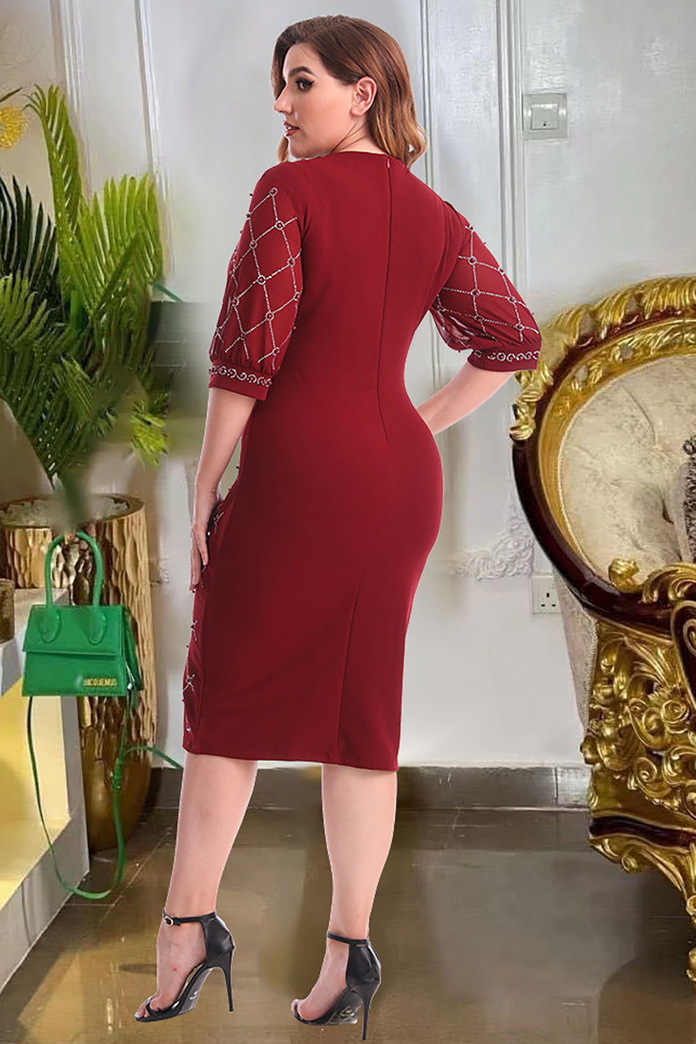 Red Sheath Round Neck Half Sleeves Plus Size Midi Dress with Beading