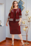 Burgundy Sheath Elegant Fake Two-Piece Chiffon Plus Size Midi Dress