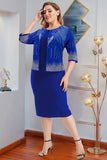 Burgundy Sheath Elegant Fake Two-Piece Chiffon Plus Size Midi Dress