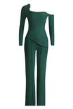 Dark Green One Shoulder Asymmetrical Jumpsuit with Long Sleeves