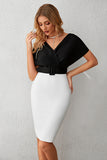 Black and White Mermaid V Neck Knee Length Wedding Guest Dress