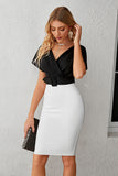 Black and White Mermaid V Neck Knee Length Wedding Guest Dress