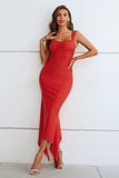 Red Mermaid Square Neck Tea Length Wedding Guest Dress