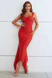 Red Mermaid Square Neck Tea Length Wedding Guest Dress