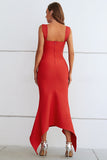 Red Mermaid Square Neck Tea Length Wedding Guest Dress