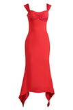 Red Mermaid Square Neck Tea Length Wedding Guest Dress