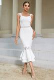 White Mermaid Square Neck Tea Length Wedding Guest Dress