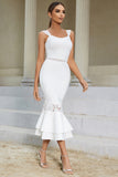 White Mermaid Square Neck Tea Length Wedding Guest Dress