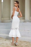 White Mermaid Square Neck Tea Length Wedding Guest Dress